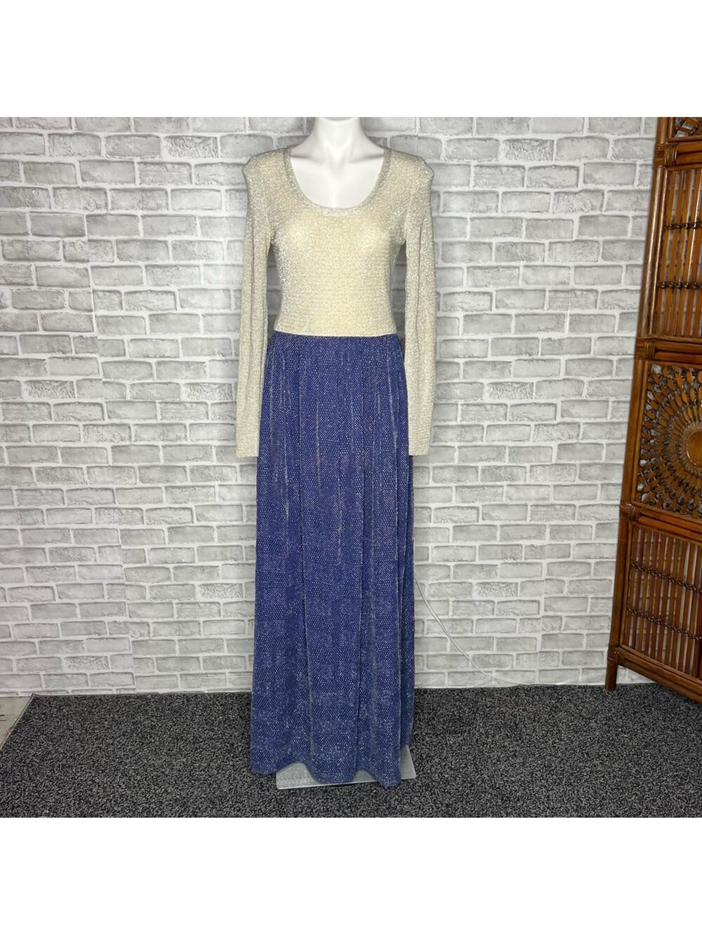 Vintage 70s Lane Bryant Tall Shop glam blue silver sparkle maxi dress 12 TALL